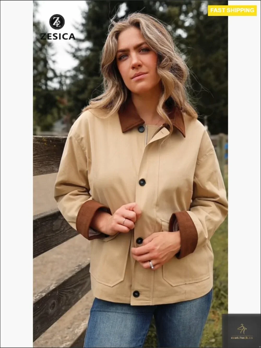 Oversized Lightweight Cotton Barn Jacket Contrast Corduroy Collar Zip Up Button